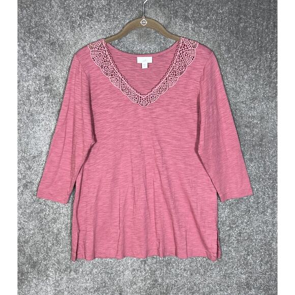 J Jill Top Women Size Small Petite SP Pink‎ Slub Knit Crochet Trim 3/4 Sleeves - Picture 1 of 6